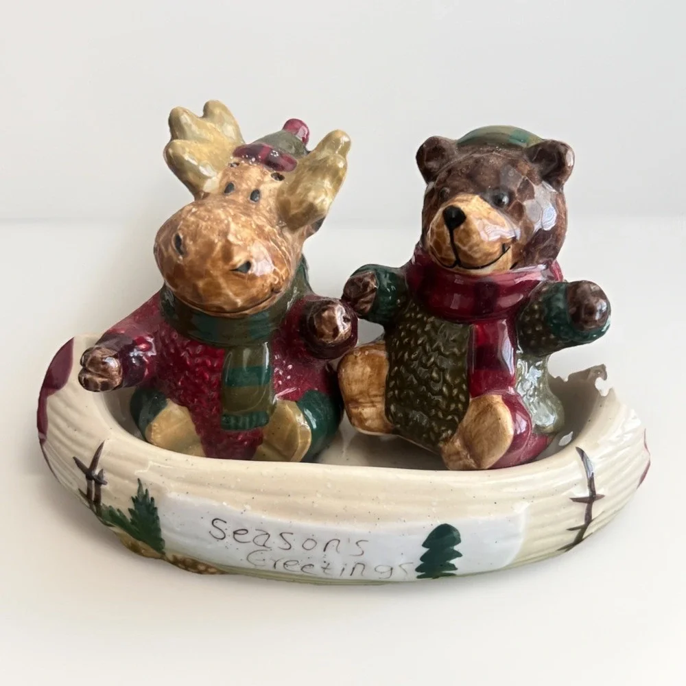 St. Nicholas Square Heartland Salt‎ & Pepper Set Bear Reindeer Rustic Ceramic